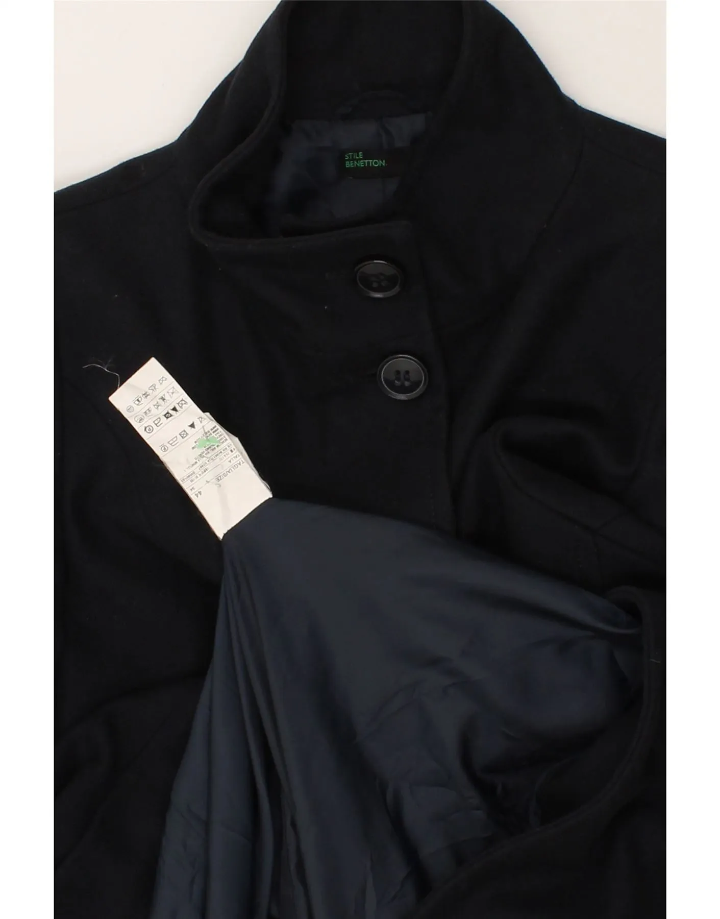 BENETTON Womens Overcoat IT 44 Medium Navy Blue Wool