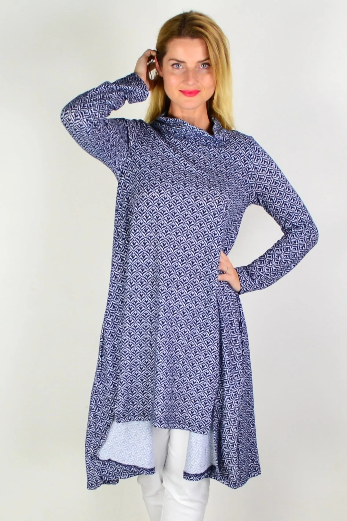Blue Stamp Print Tunic Dress