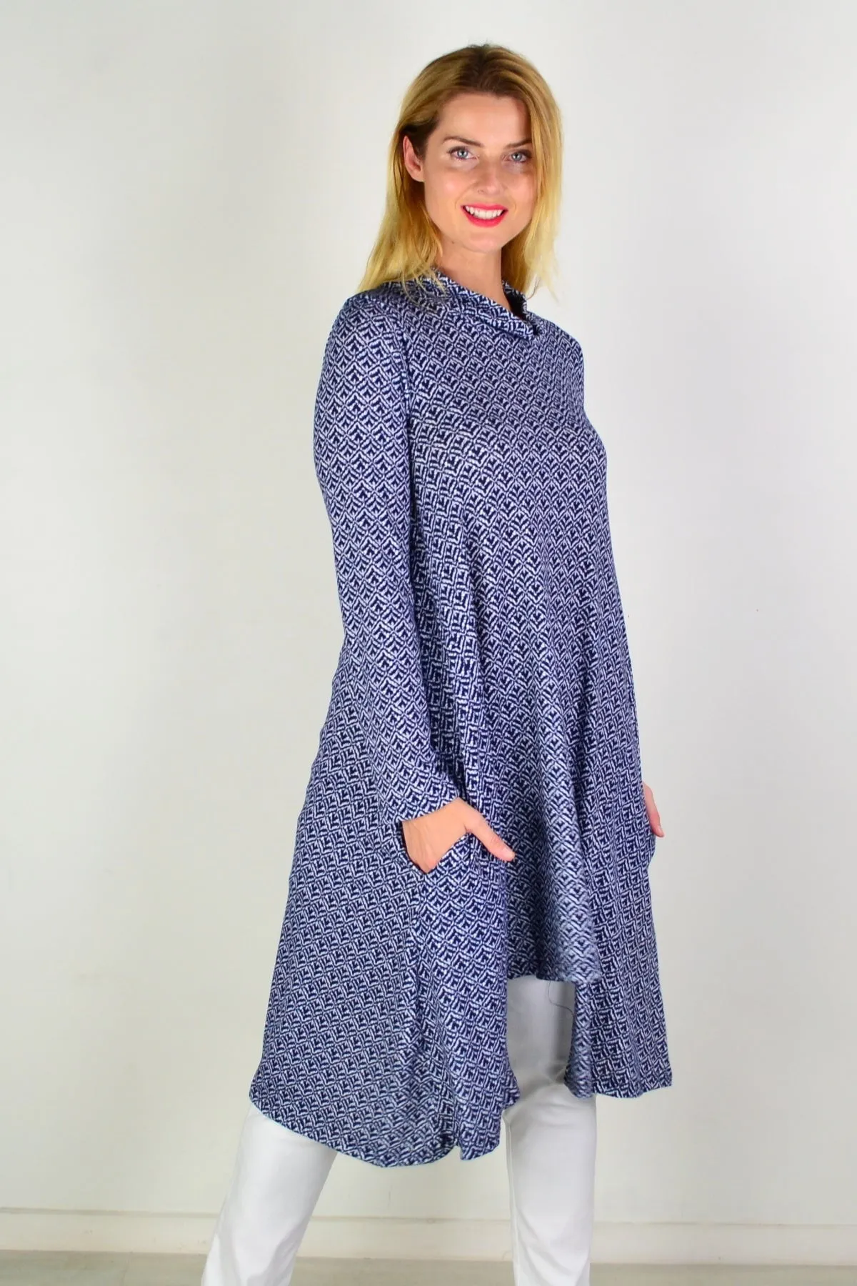 Blue Stamp Print Tunic Dress