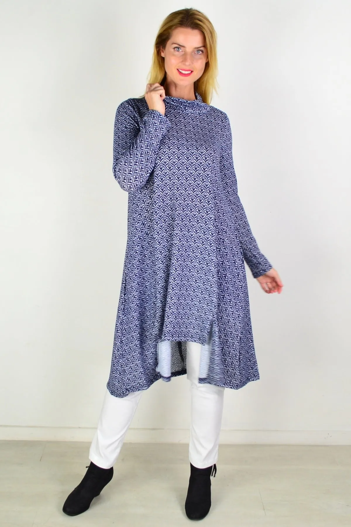 Blue Stamp Print Tunic Dress