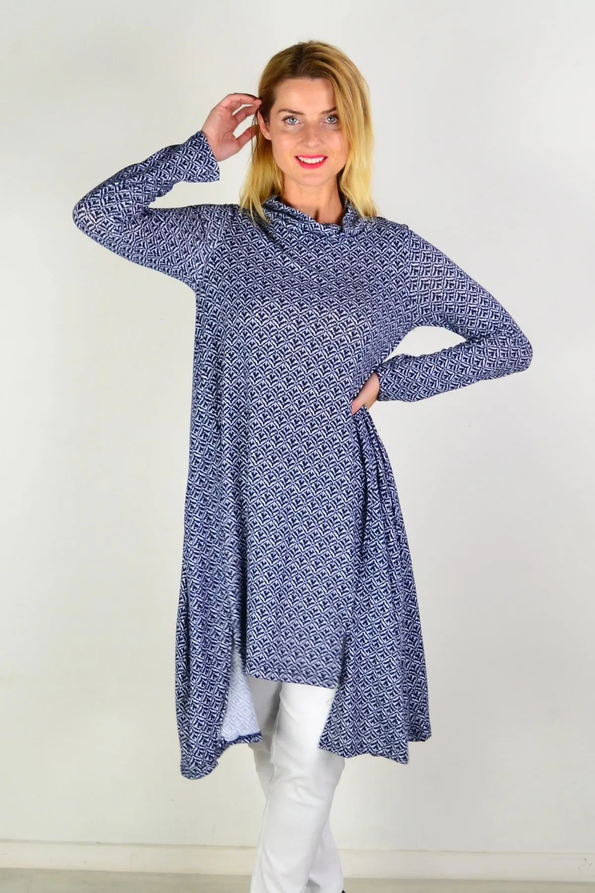 Blue Stamp Print Tunic Dress