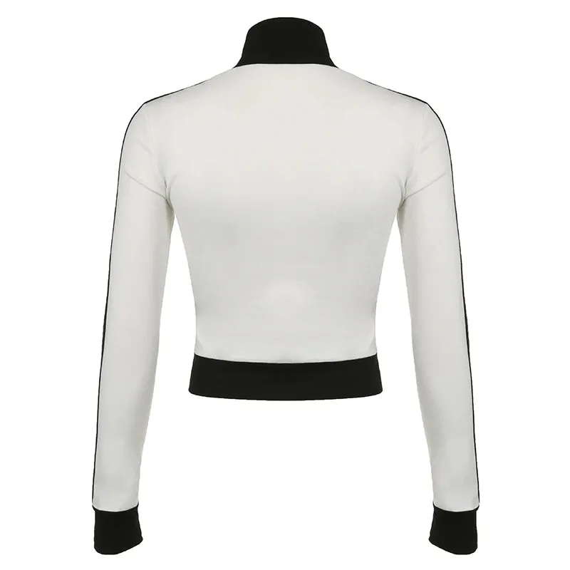 Casual Skinny Turtleneck Zip Up Jacket for Female Moto&Biker Style Sporty Autumn Coat Stripe Patchwork Korean Jackets