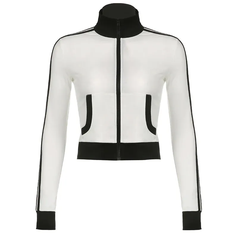 Casual Skinny Turtleneck Zip Up Jacket for Female Moto&Biker Style Sporty Autumn Coat Stripe Patchwork Korean Jackets