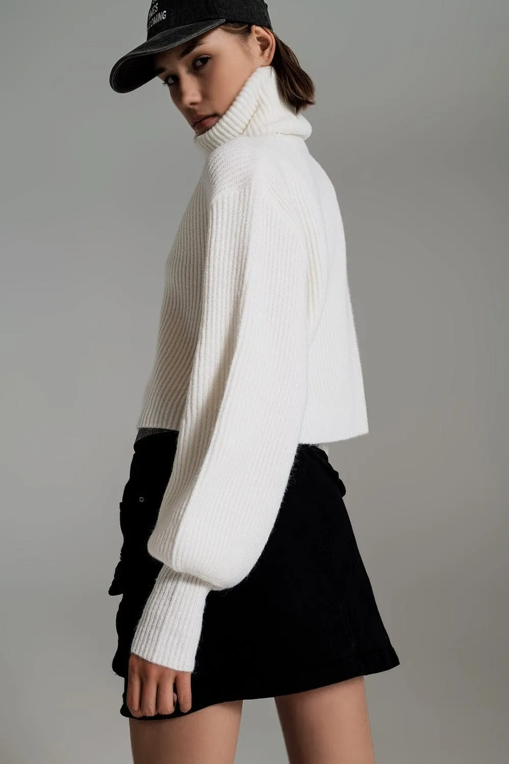 Cream Ribbed Knit Turtleneck Jumper With Balloon Sleeves