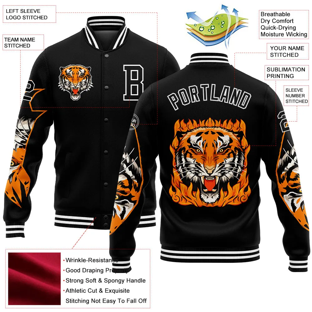 Custom Black White Tiger 3D Pattern Design Bomber Full-Snap Varsity Letterman Jacket