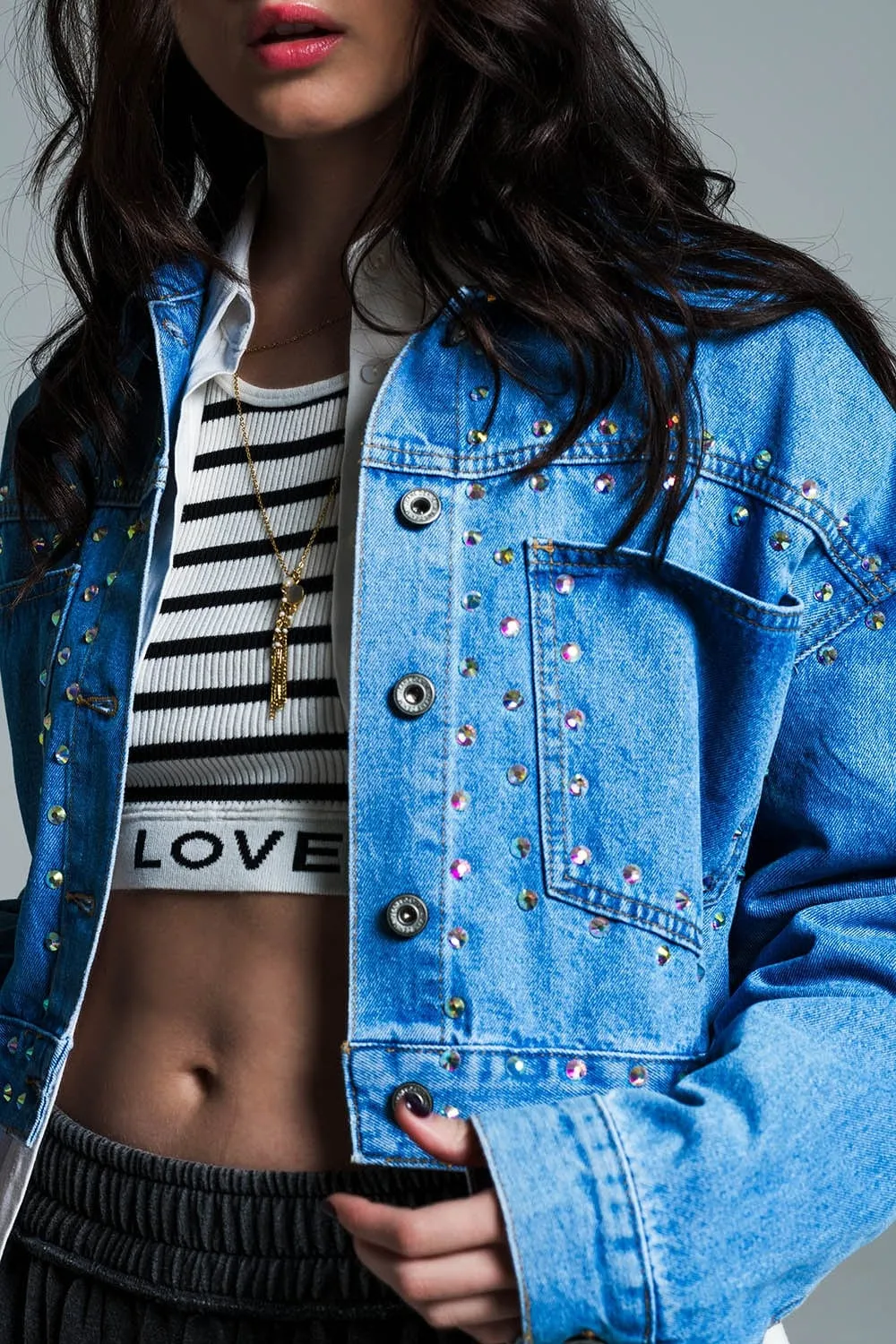Denim Cropped Jacket In Blue With Studs And Chest Pockets