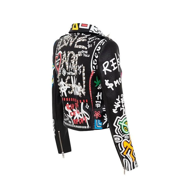 Graffiti Faux Leather Jacket Cropped Moto-Uptown