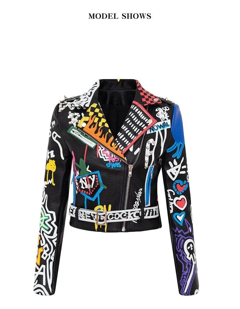 Graffiti Faux Leather Jacket Cropped Moto-Uptown