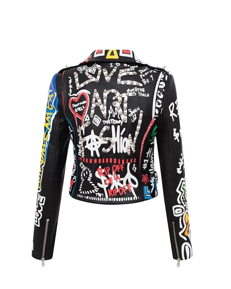 Graffiti Faux Leather Jacket Cropped Moto-Uptown