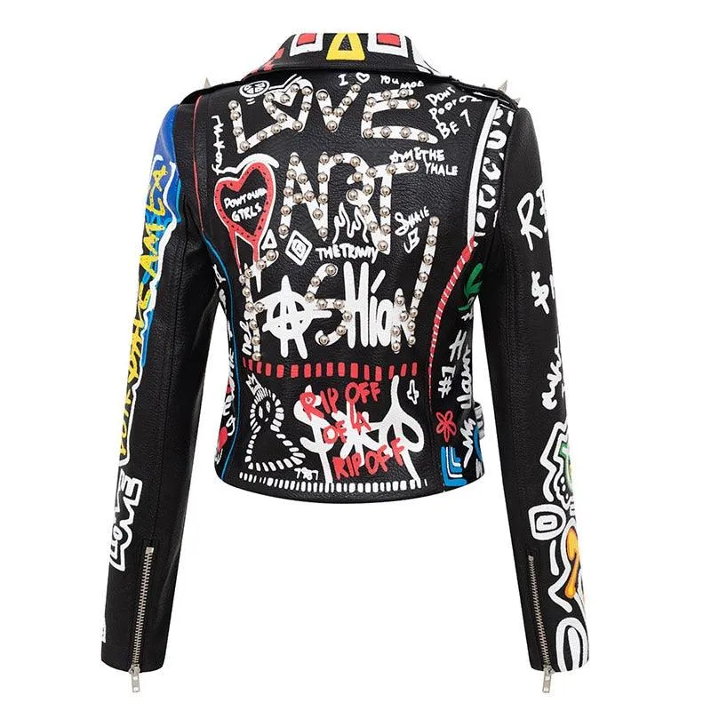 Graffiti Faux Leather Jacket Cropped Moto-Uptown