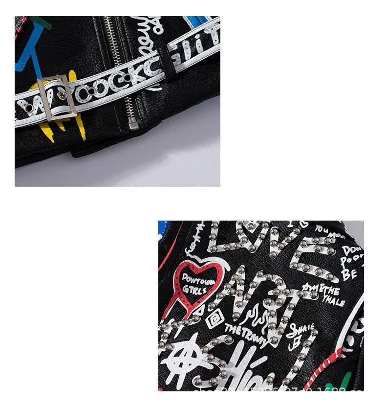 Graffiti Faux Leather Jacket Cropped Moto-Uptown