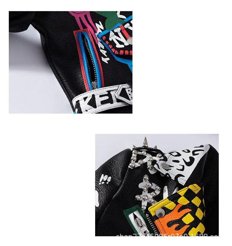 Graffiti Faux Leather Jacket Cropped Moto-Uptown