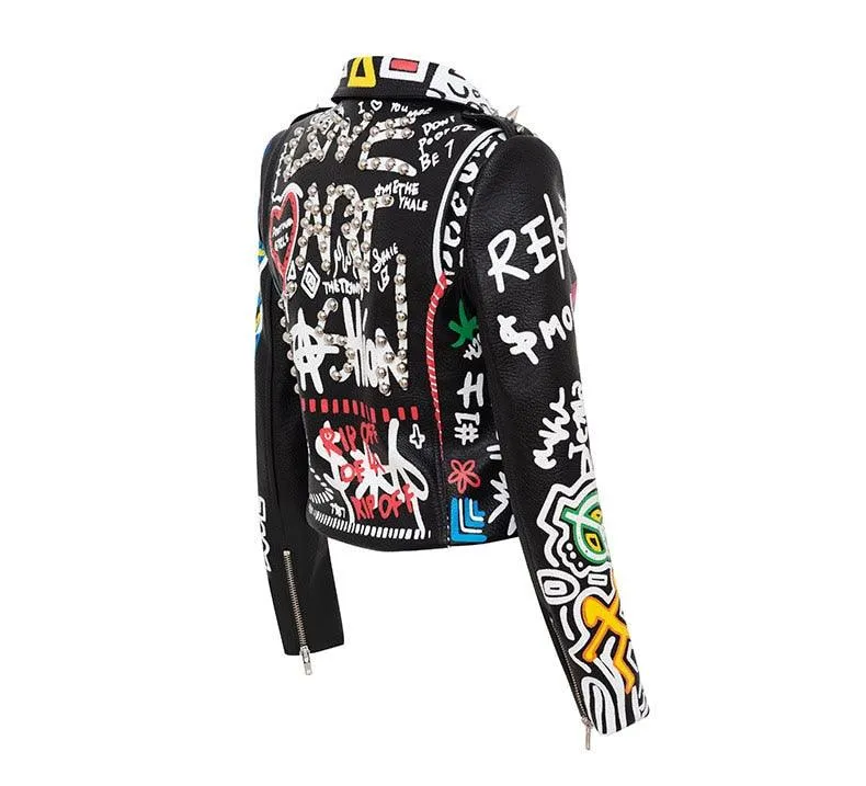 Graffiti Faux Leather Jacket Cropped Moto-Uptown