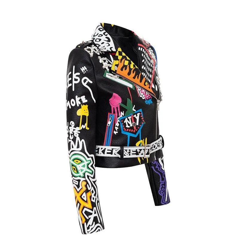 Graffiti Faux Leather Jacket Cropped Moto-Uptown