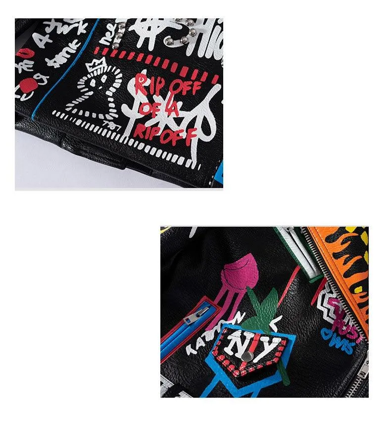 Graffiti Faux Leather Jacket Cropped Moto-Uptown