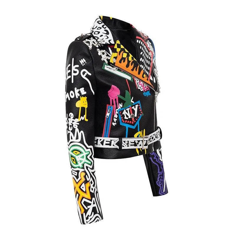 Graffiti Faux Leather Jacket Cropped Moto-Uptown