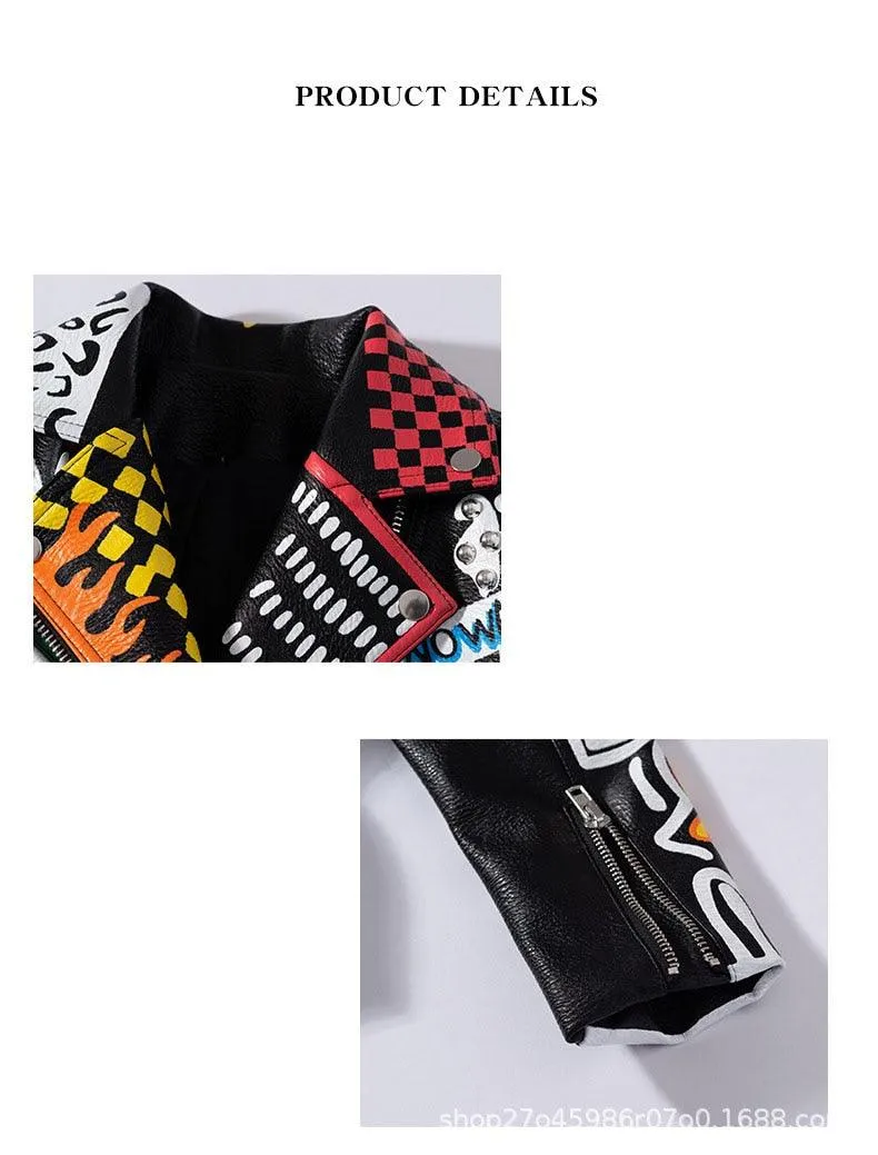 Graffiti Faux Leather Jacket Cropped Moto-Uptown