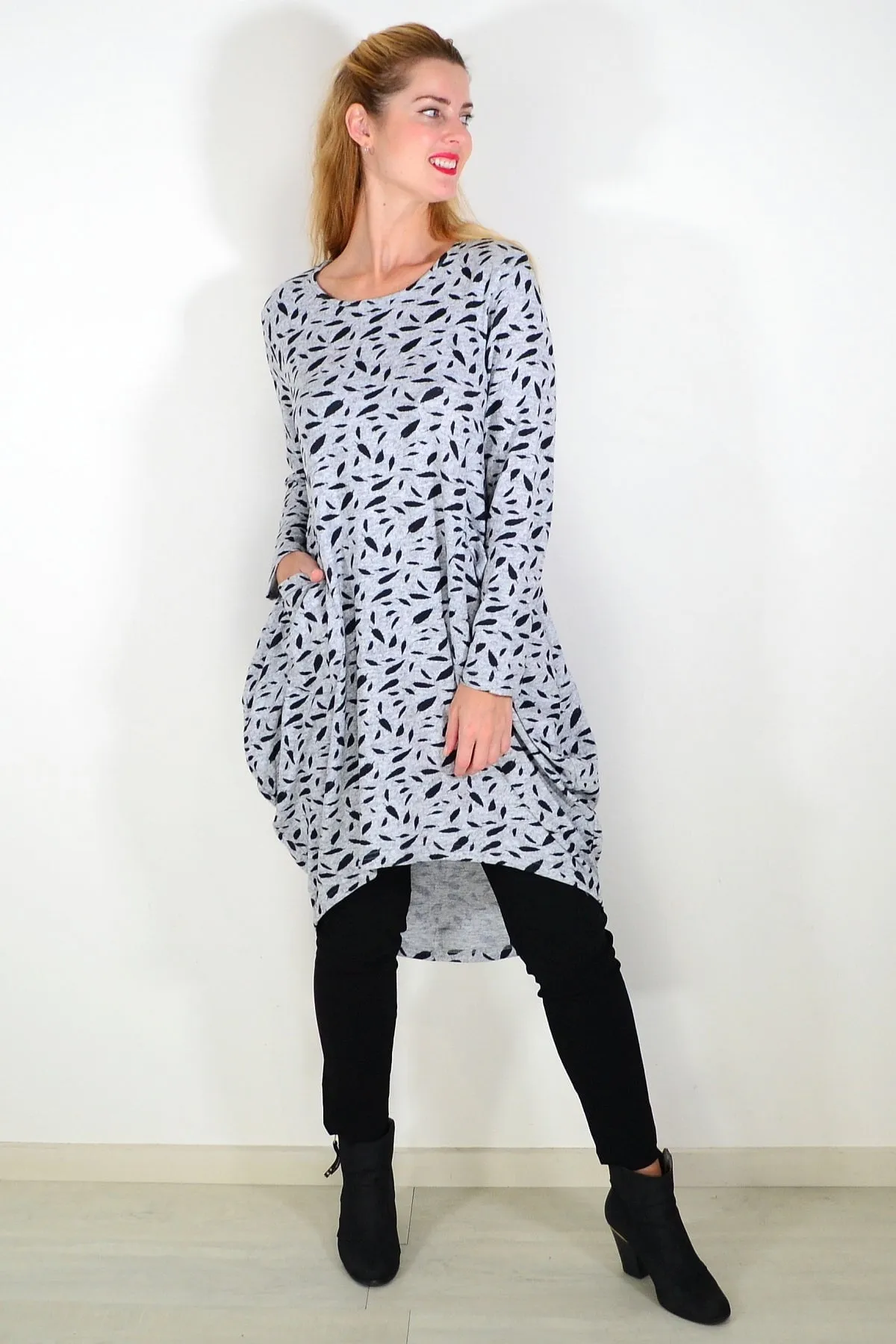 Grey Floating Leaf Knit Tunic Top