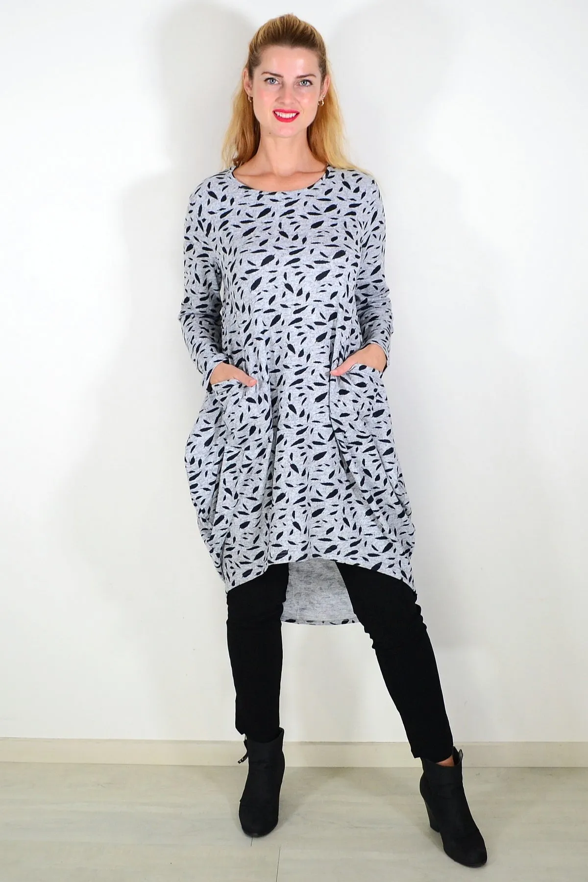 Grey Floating Leaf Knit Tunic Top