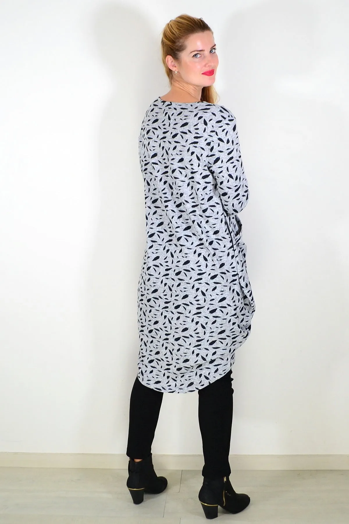 Grey Floating Leaf Knit Tunic Top