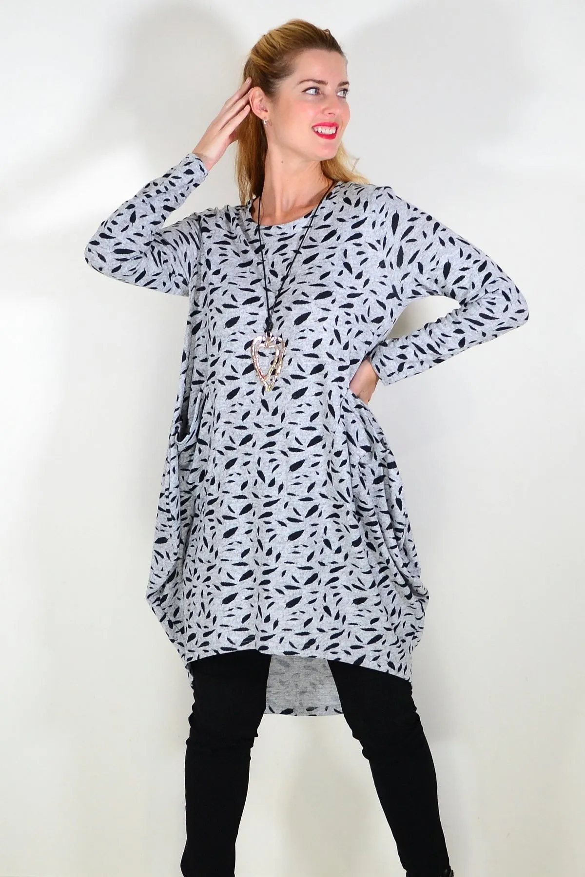 Grey Floating Leaf Knit Tunic Top