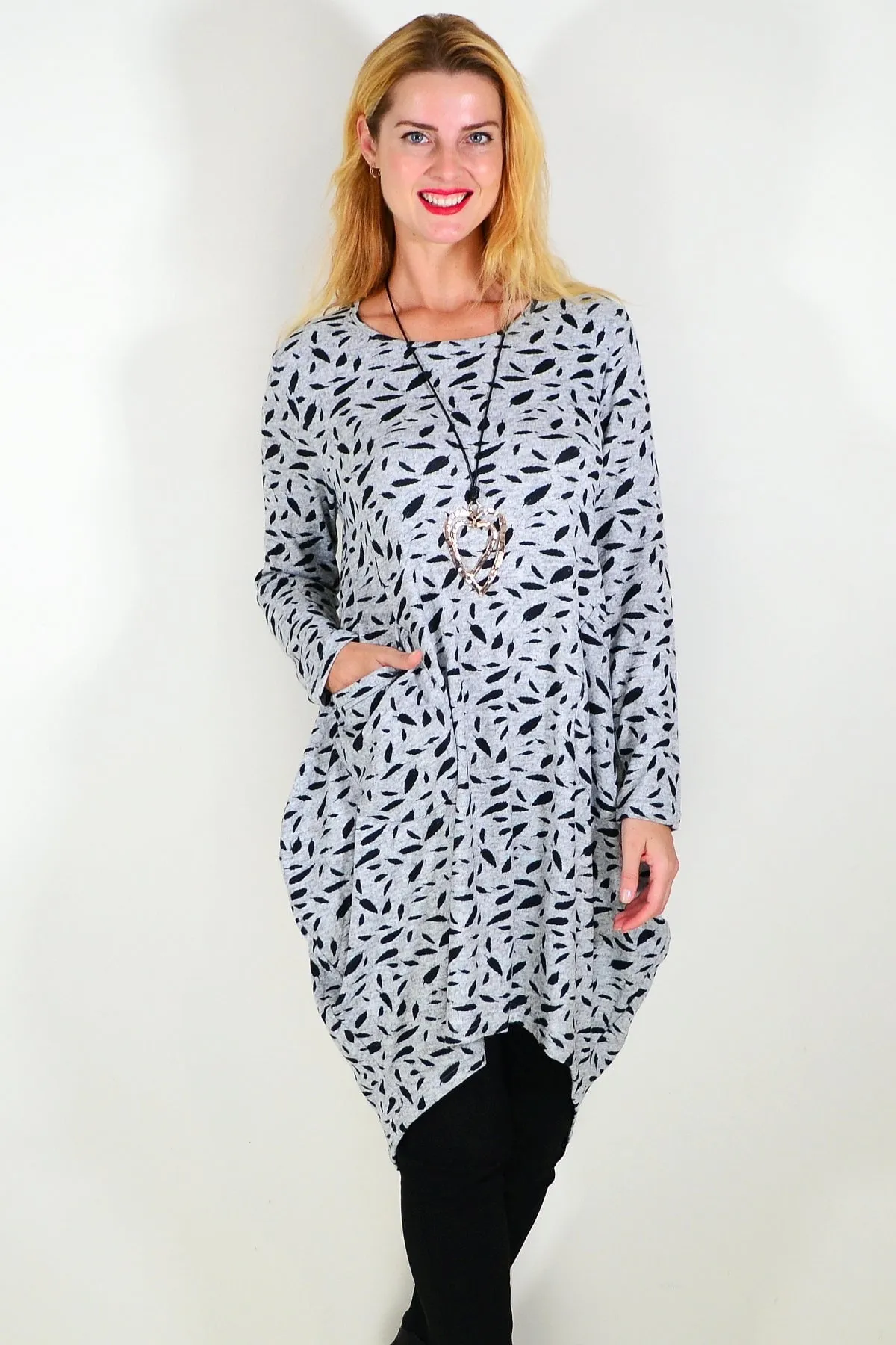 Grey Floating Leaf Knit Tunic Top