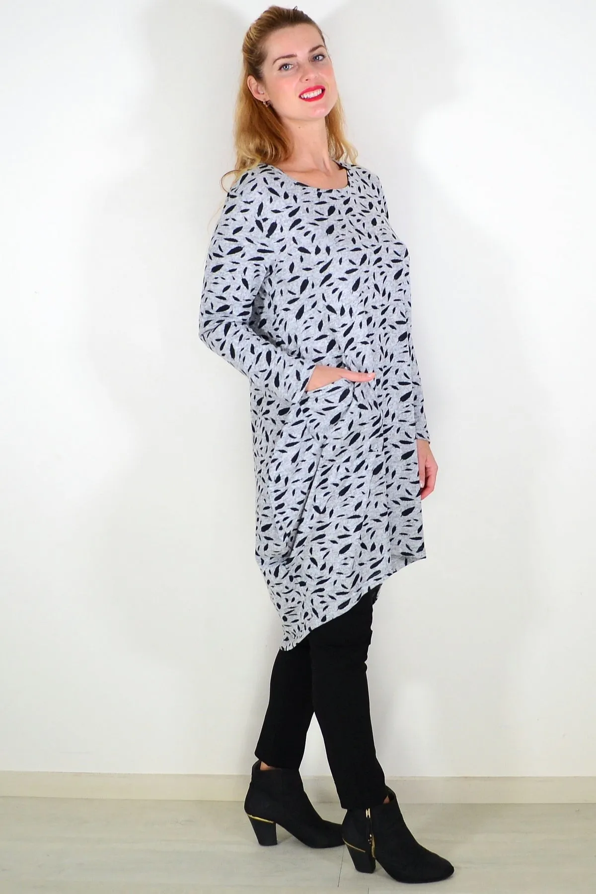 Grey Floating Leaf Knit Tunic Top