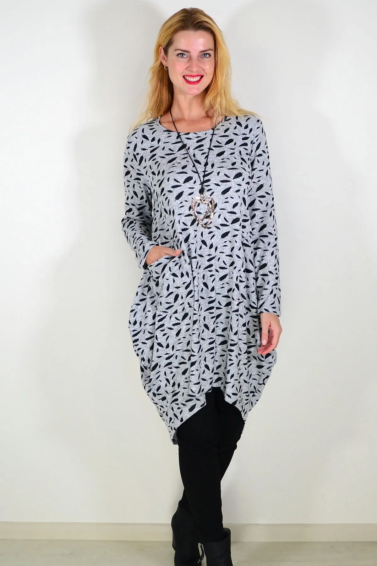 Grey Floating Leaf Knit Tunic Top