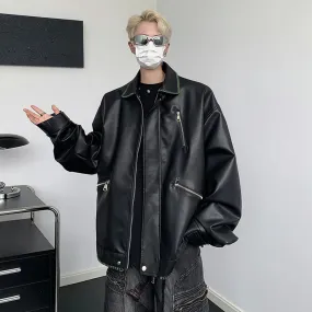 Male Black PU Leather Jackets Vintage Zipper Design Lapel Solid Color Loose Casual Men‘s Coats Autumn Chic 9C6699