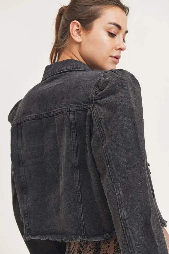 Mono B Cropped Distressed Denim Jacket