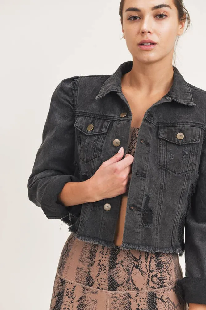 Mono B Cropped Distressed Denim Jacket