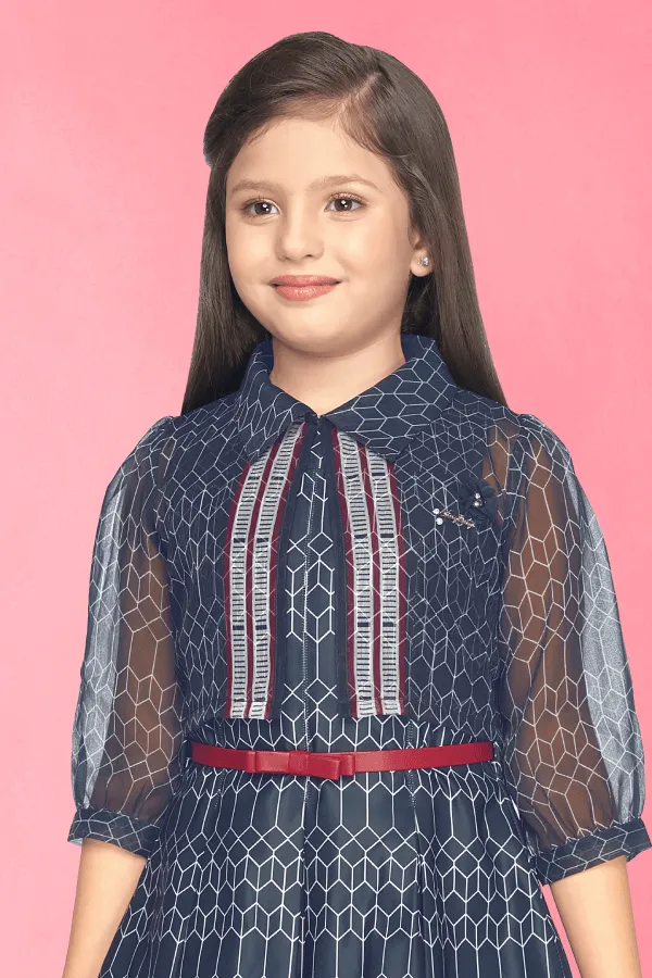 Navy Blue Overcoat Styled Knee Length Frock for Girls with Belt