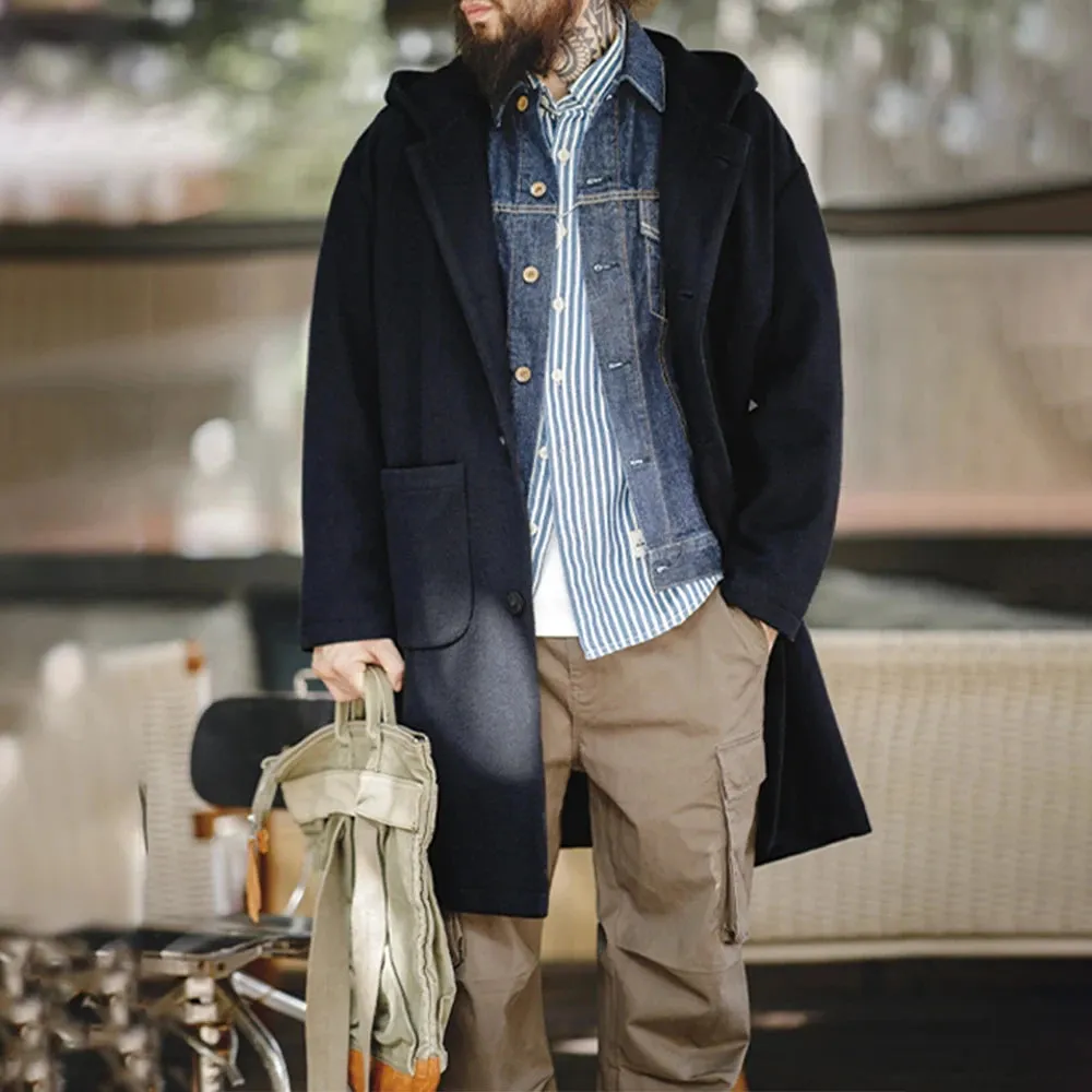 Navy Blue Wool Hooded Coat - Warm Tweed Long Jacket - Casual Overcoat