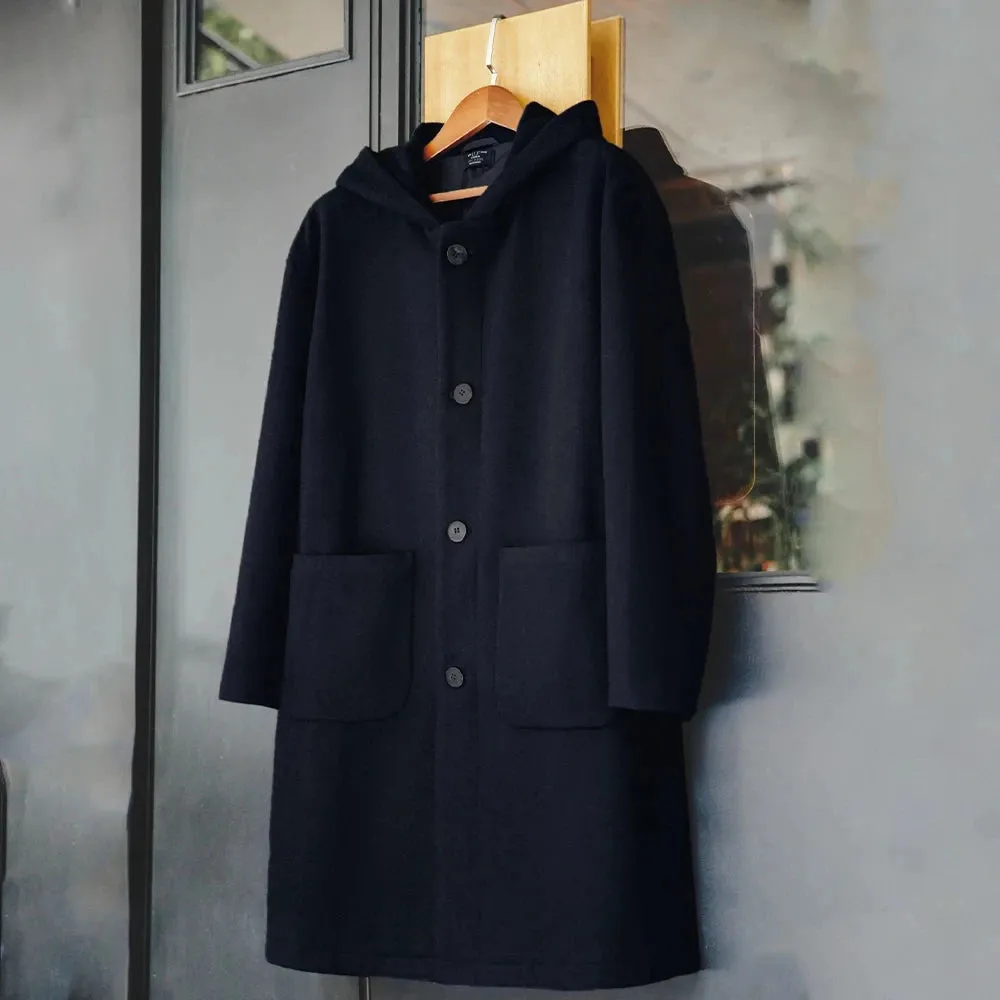 Navy Blue Wool Hooded Coat - Warm Tweed Long Jacket - Casual Overcoat