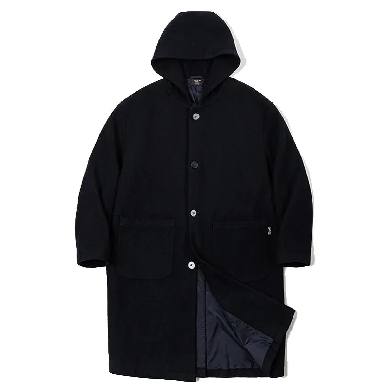 Navy Blue Wool Hooded Coat - Warm Tweed Long Jacket - Casual Overcoat