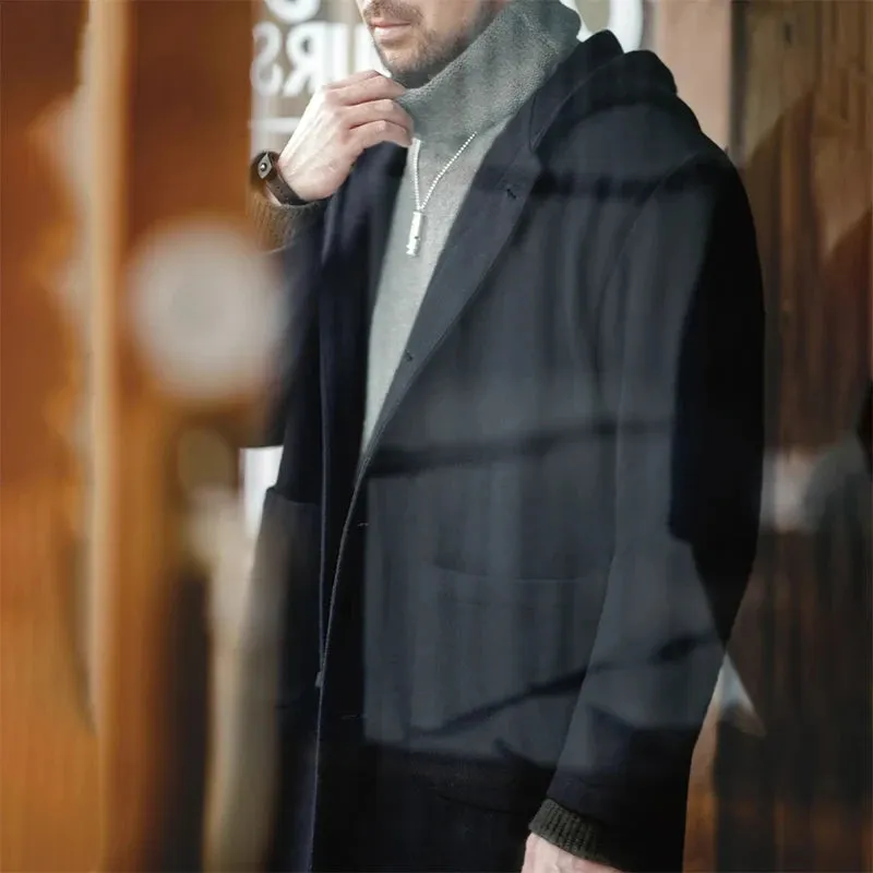 Navy Blue Wool Hooded Coat - Warm Tweed Long Jacket - Casual Overcoat
