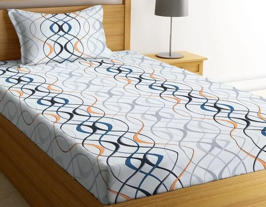 NHD HOME Premium Cotton Printed Single Bedsheet with One Pillow Cover for Coat/Diwan/ 4x6 Bed 180 Tc (150x225 cm, White & Grey Striped) बेडशीट