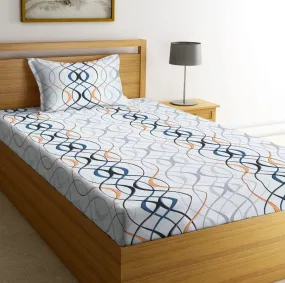 NHD HOME Premium Cotton Printed Single Bedsheet with One Pillow Cover for Coat/Diwan/ 4x6 Bed 180 Tc (150x225 cm, White & Grey Striped) बेडशीट