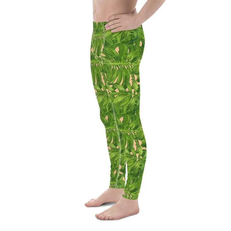 Nude Tropical Green Palm Leaf Print Adam's Men's Leggings Meggings- Made in USA/EU