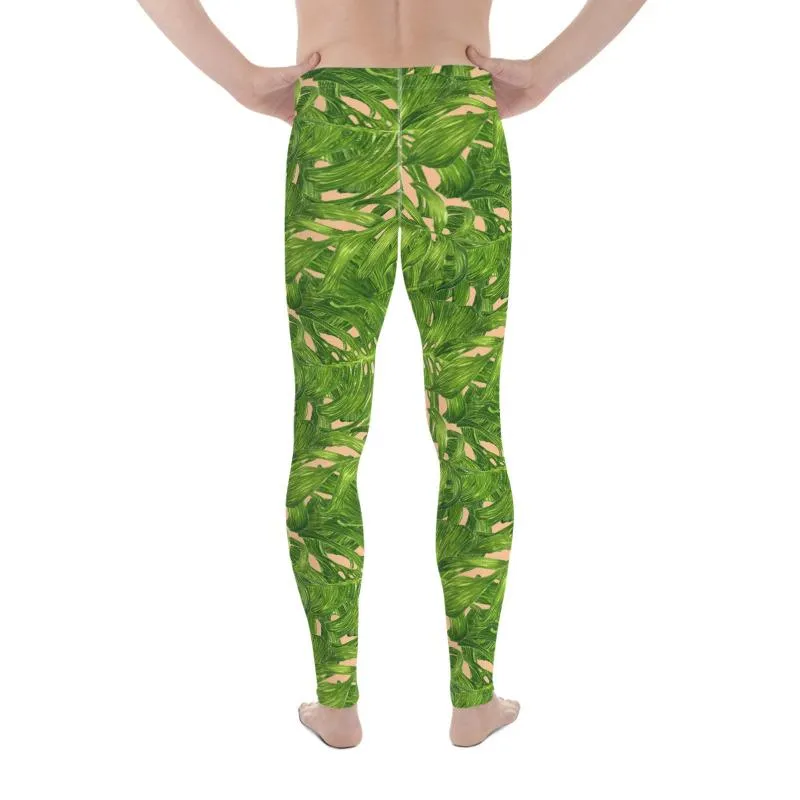 Nude Tropical Green Palm Leaf Print Adam's Men's Leggings Meggings- Made in USA/EU