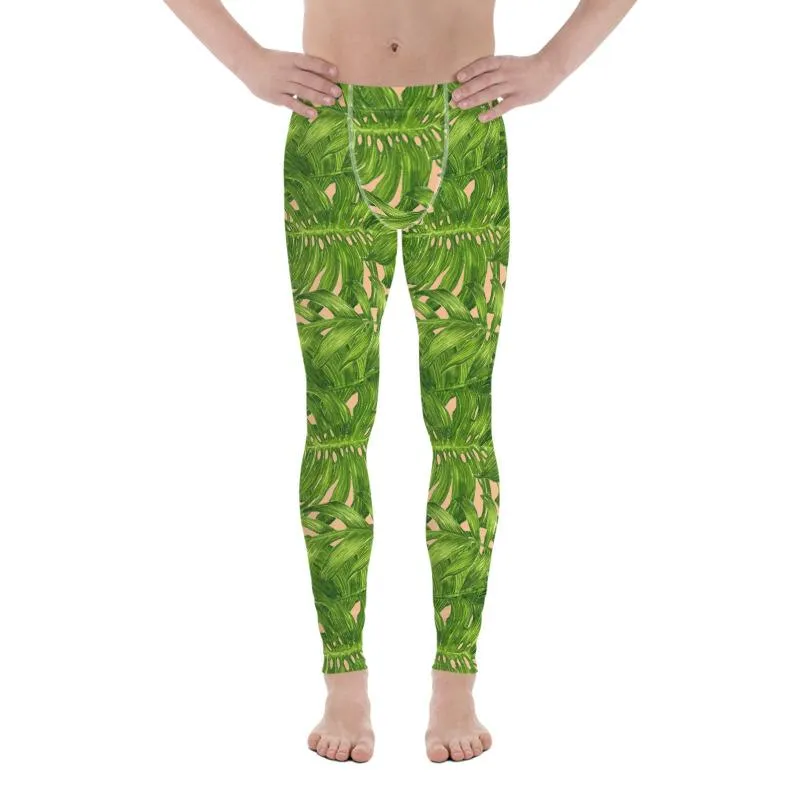 Nude Tropical Green Palm Leaf Print Adam's Men's Leggings Meggings- Made in USA/EU