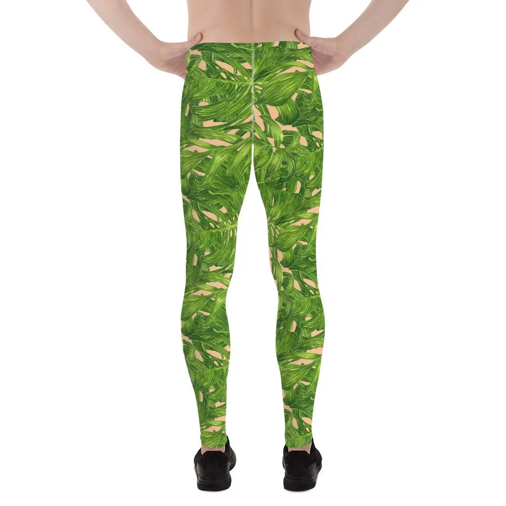 Nude Tropical Green Palm Leaf Print Adam's Men's Leggings Meggings- Made in USA/EU