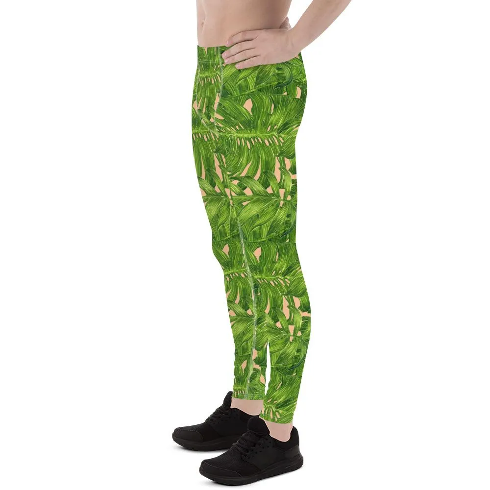Nude Tropical Green Palm Leaf Print Adam's Men's Leggings Meggings- Made in USA/EU