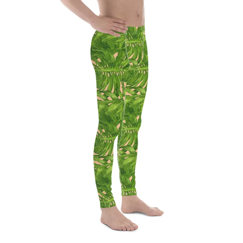 Nude Tropical Green Palm Leaf Print Adam's Men's Leggings Meggings- Made in USA/EU