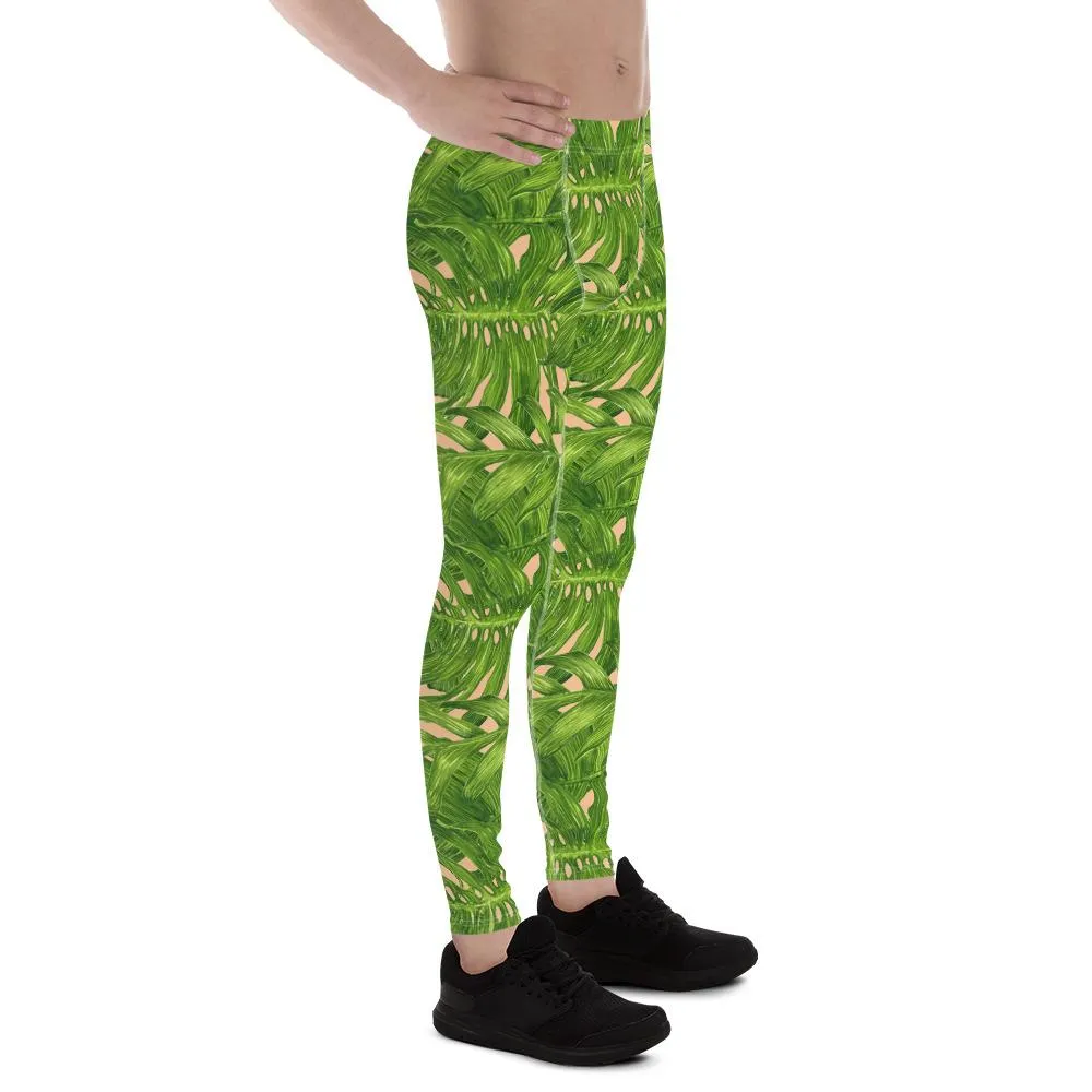 Nude Tropical Green Palm Leaf Print Adam's Men's Leggings Meggings- Made in USA/EU