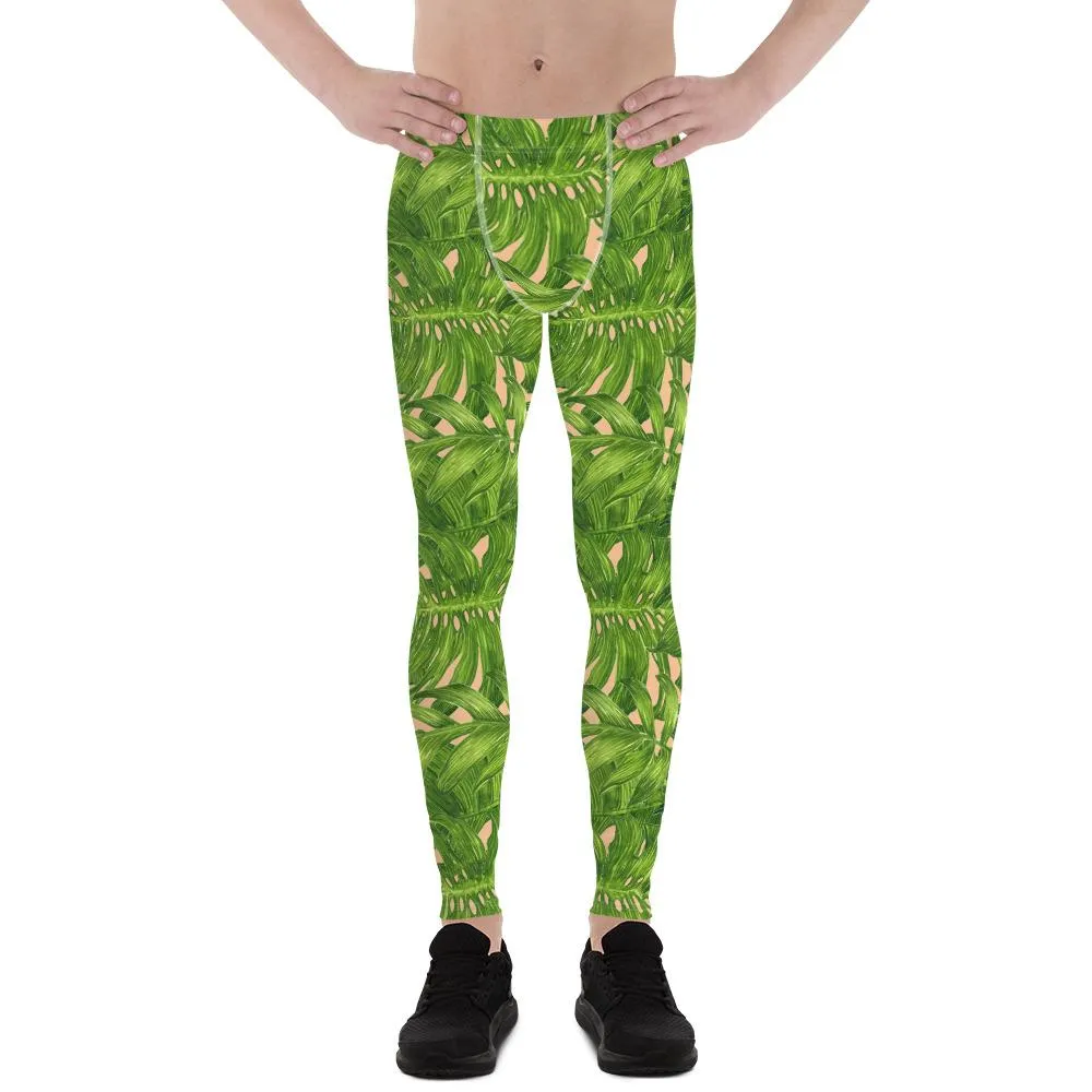 Nude Tropical Green Palm Leaf Print Adam's Men's Leggings Meggings- Made in USA/EU