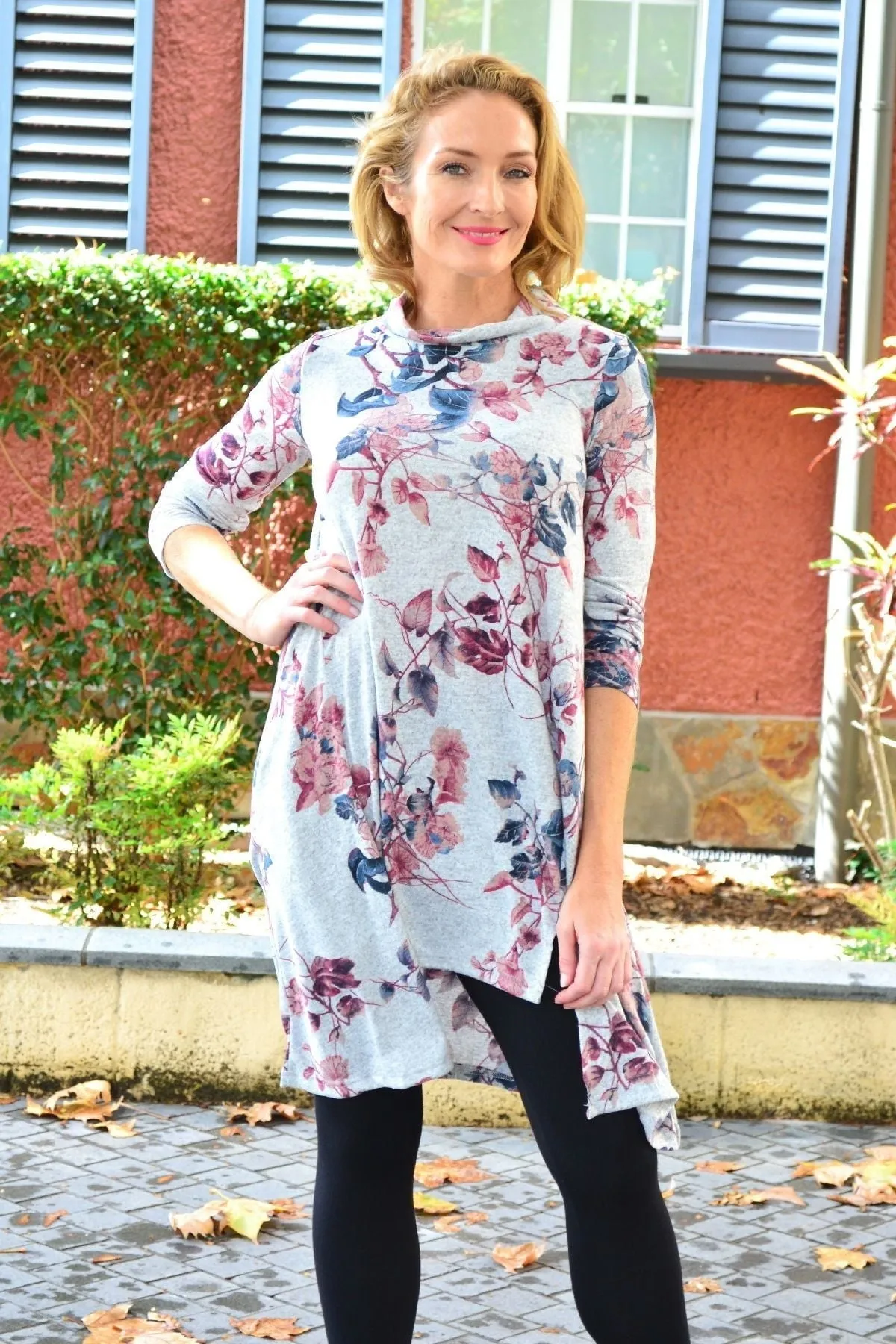 Pink Autumn Leaf Fleece Tunic Dress