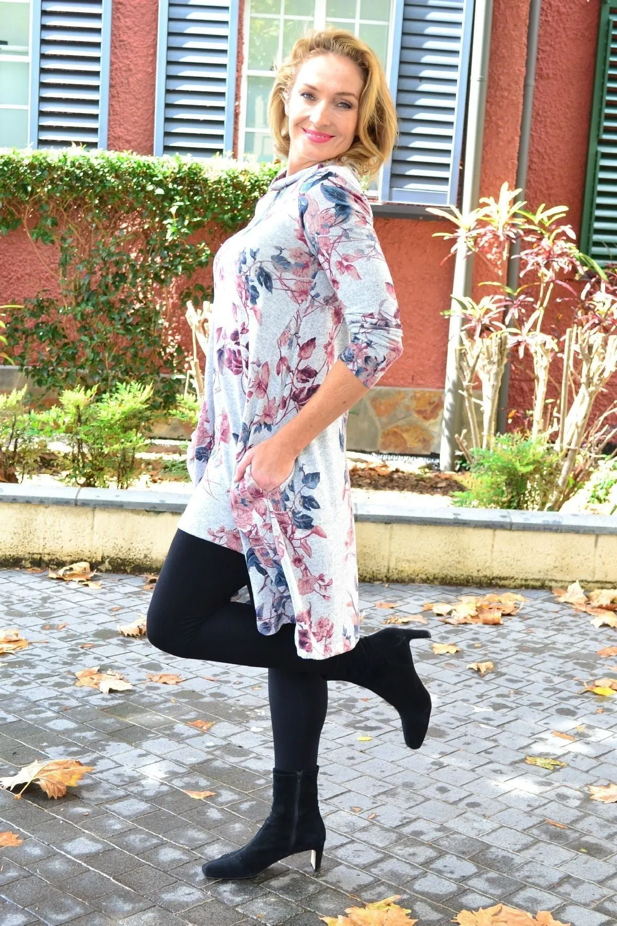 Pink Autumn Leaf Fleece Tunic Dress