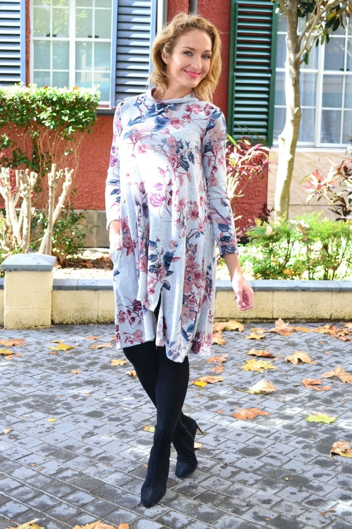 Pink Autumn Leaf Fleece Tunic Dress