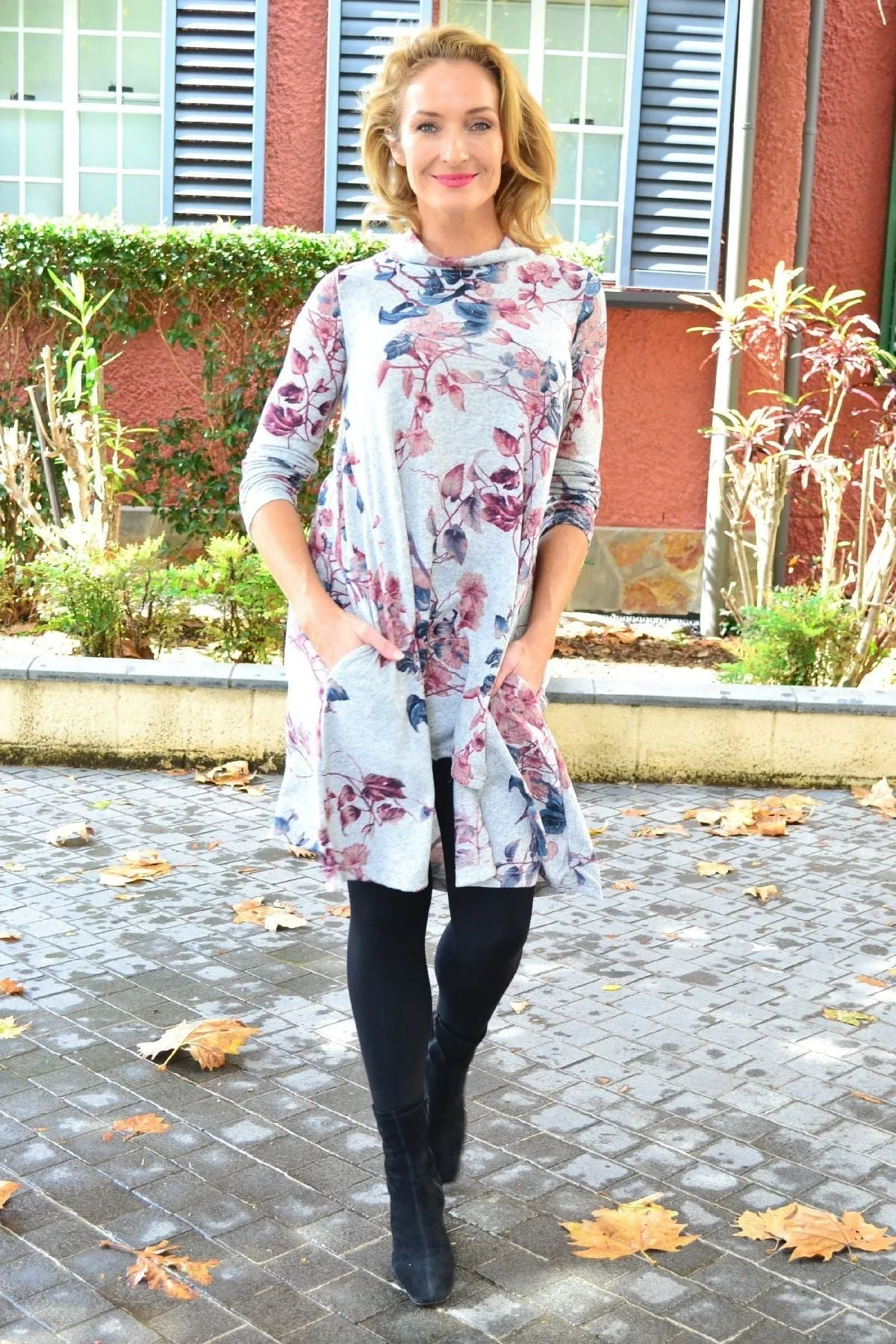 Pink Autumn Leaf Fleece Tunic Dress